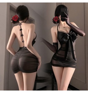 FEE ET MOI - Bow-Decorated Ruched Sheer Nightdress (Black)